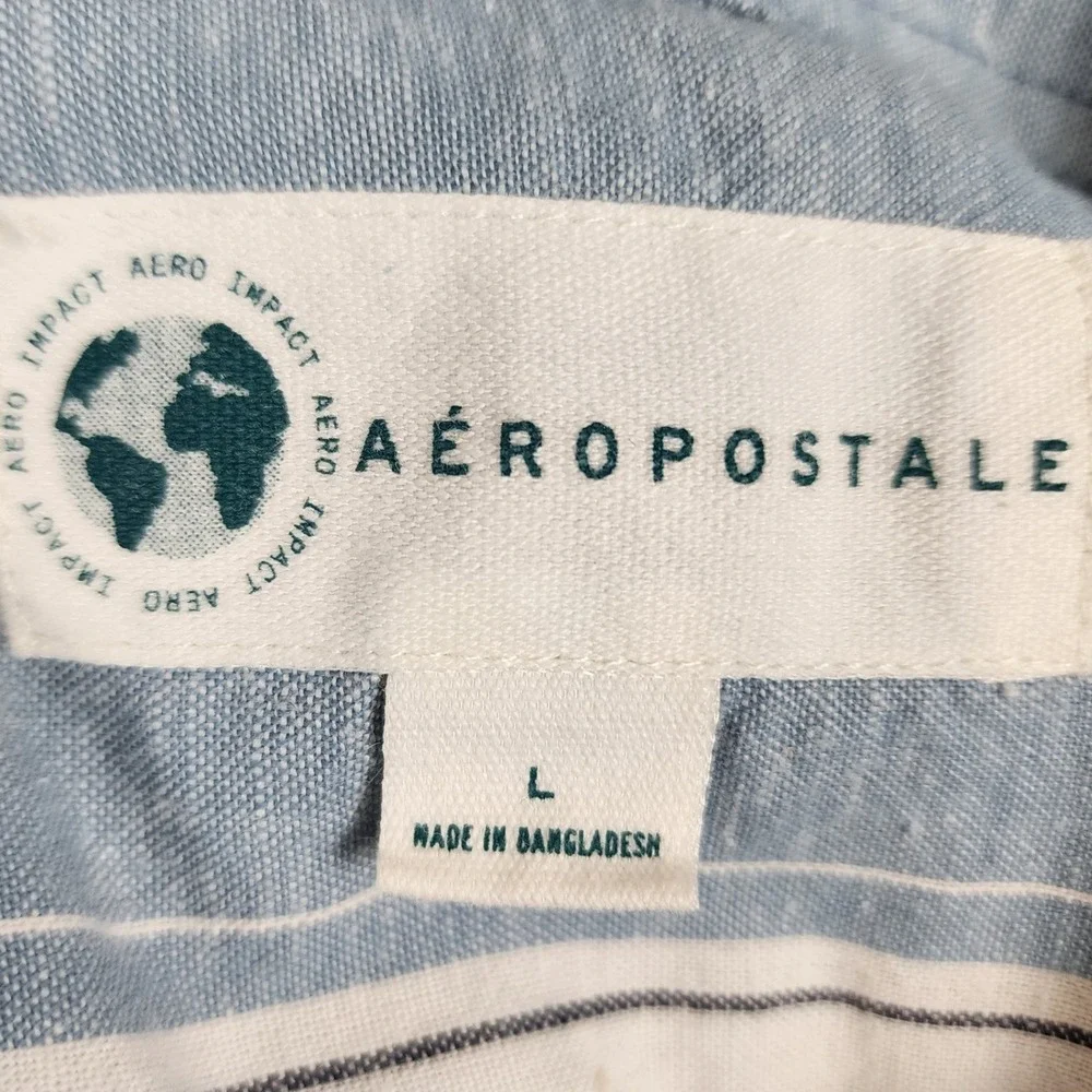 AEROPOSTALE Mens Striped Short Sleeve Button Up‎ Shirt Size L Blue Cotton Hemp